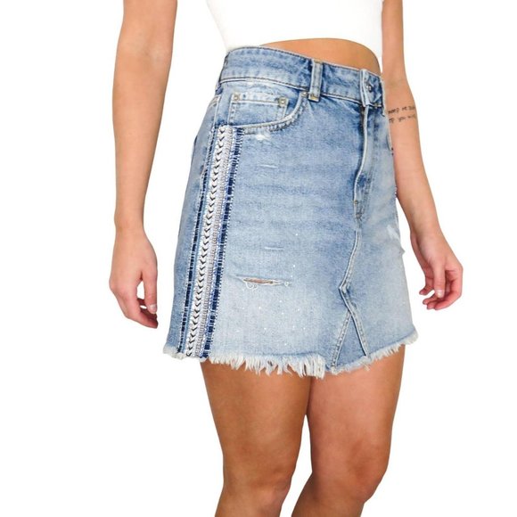 Free People Jean Skirt size 6 Beaded sequin pearl jeweled Frayed Distressed - Picture 4 of 4